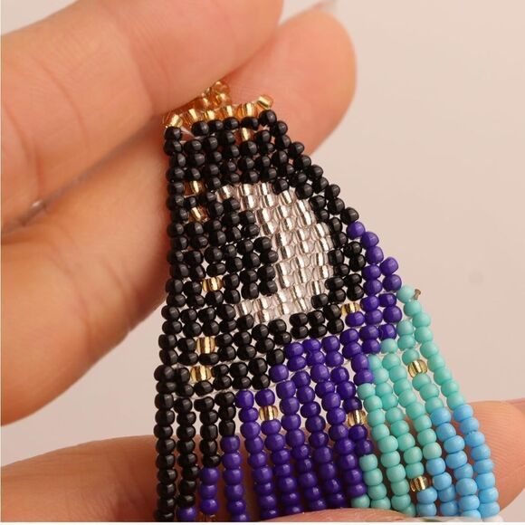 Moon Boho Seed Bead Tassel Dangling Statement French Wire Hook Earrings - Picture 3 of 9